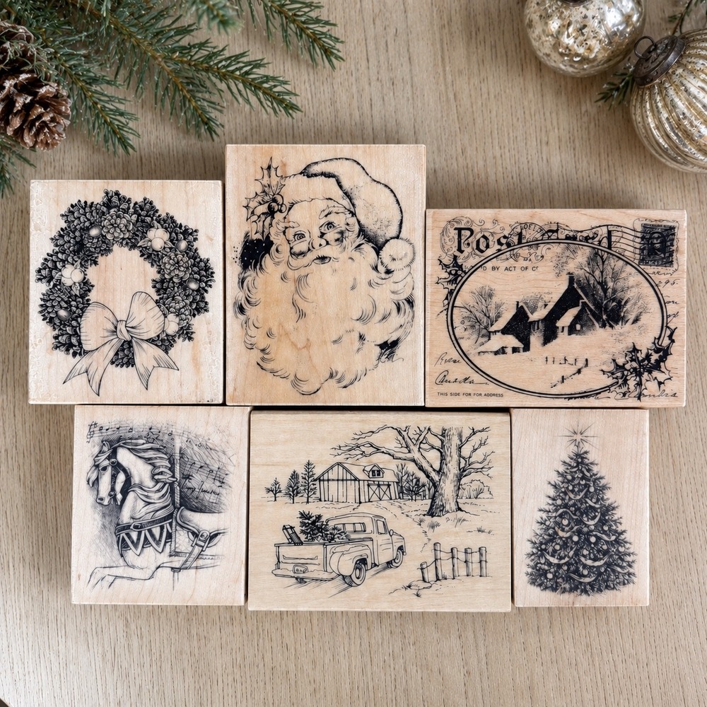 Vintage Christmas Set 6 Oversized Wood Mounted Rubber Stamps Santa Wreath Winter